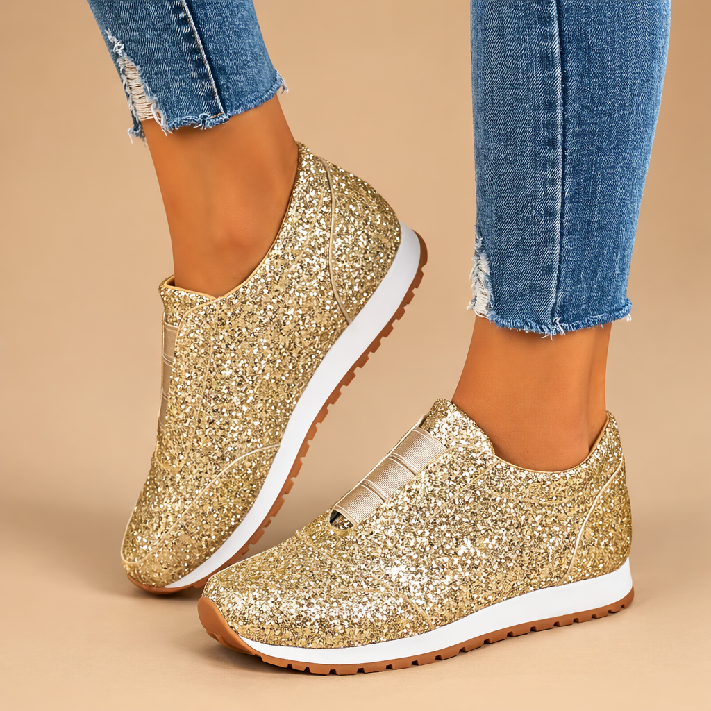 Comfortable women's slip-on sneakers with dazzling glitter, ideal for everyday glamorous wear.