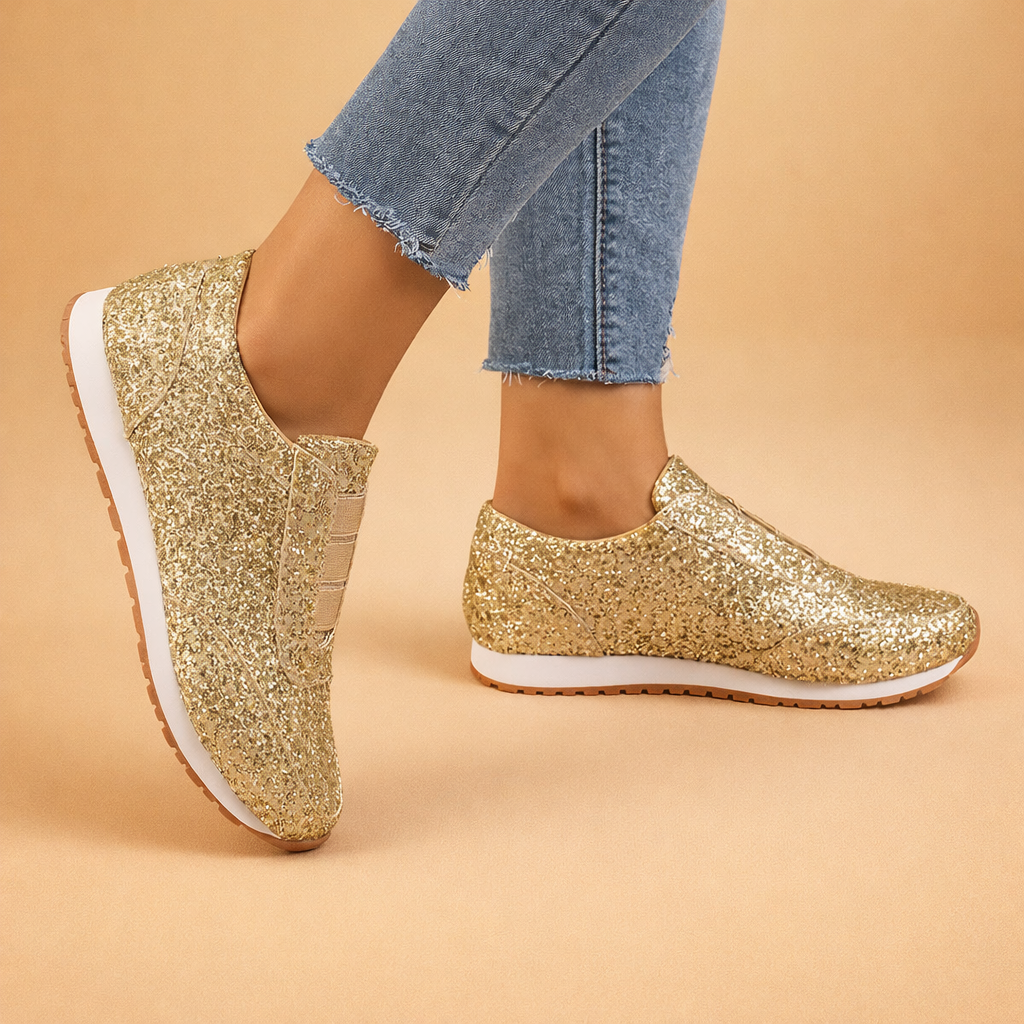 Stylish women's fashion slip-on sneakers, featuring all-over sparkle glitter for a trendy look.