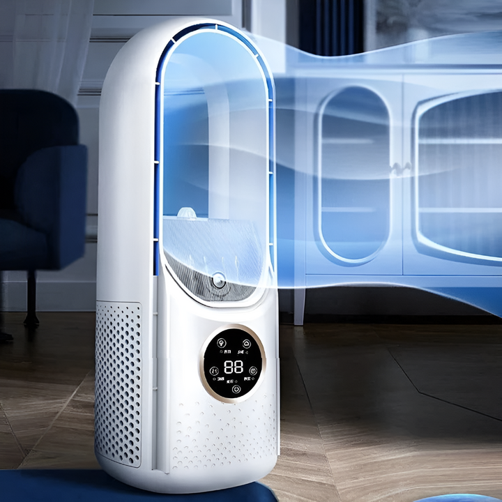 Silent portable air cooling fan for home or office. Compact, bladeless design for personal desk cooling.