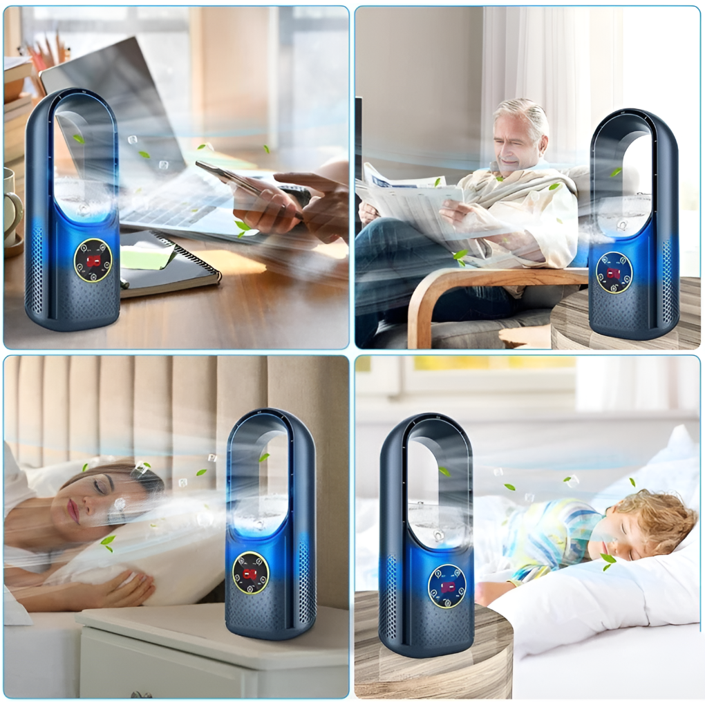Bladeless silent air cooler, portable fan for quiet home & office use. Efficient personal cooling appliance.