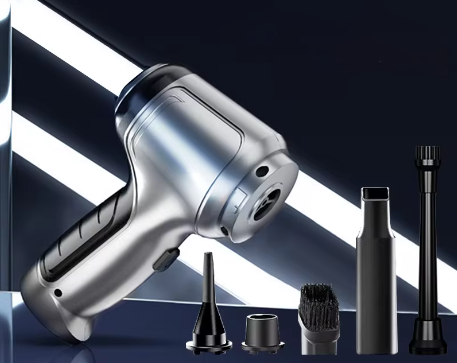 "Silver cordless car vacuum cleaner with 95000Pa suction, sleek and lightweight for efficient car and home cleaning."