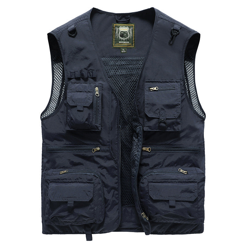 Organized men's fishing vest with many pockets. Breathable summer outdoor comfort.