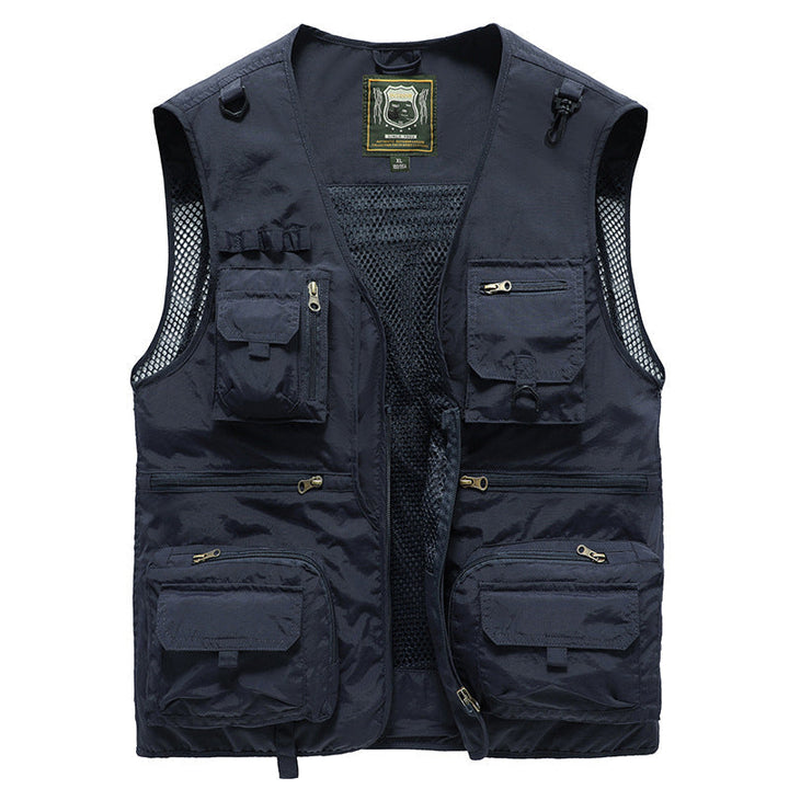 Organized men's fishing vest with many pockets. Breathable summer outdoor comfort.