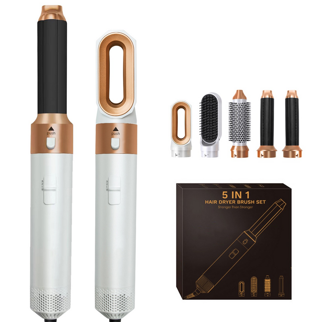 "Sleek 5-in-1 hair styler with attachments for curling, straightening, and drying; compact design, fits all hair types."