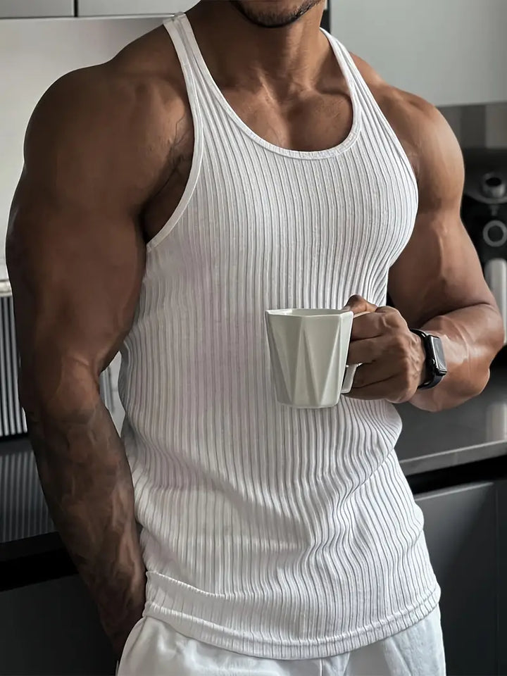 Sleek men's athletic body fit tank top with sleeveless design, perfect for workouts and casual wear, highlighting performance.