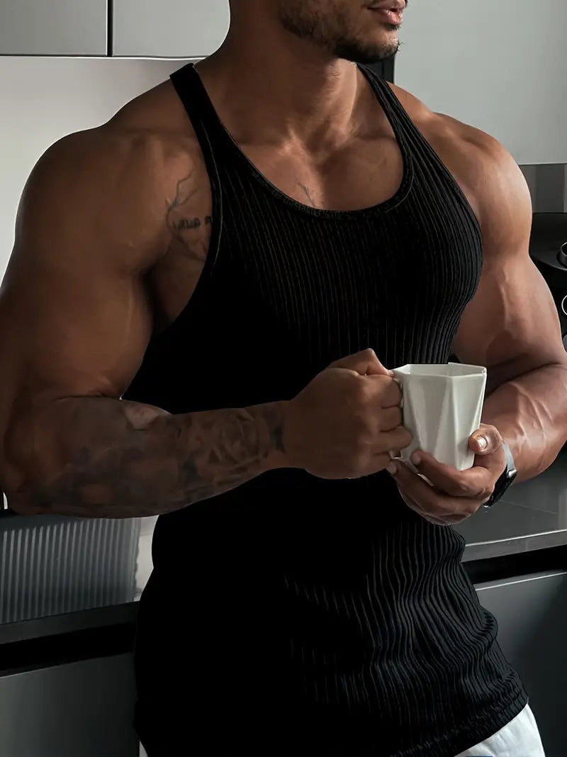 Sleek men's athletic body fit tank top with sleeveless design, perfect for workouts and casual wear, highlighting performance.
