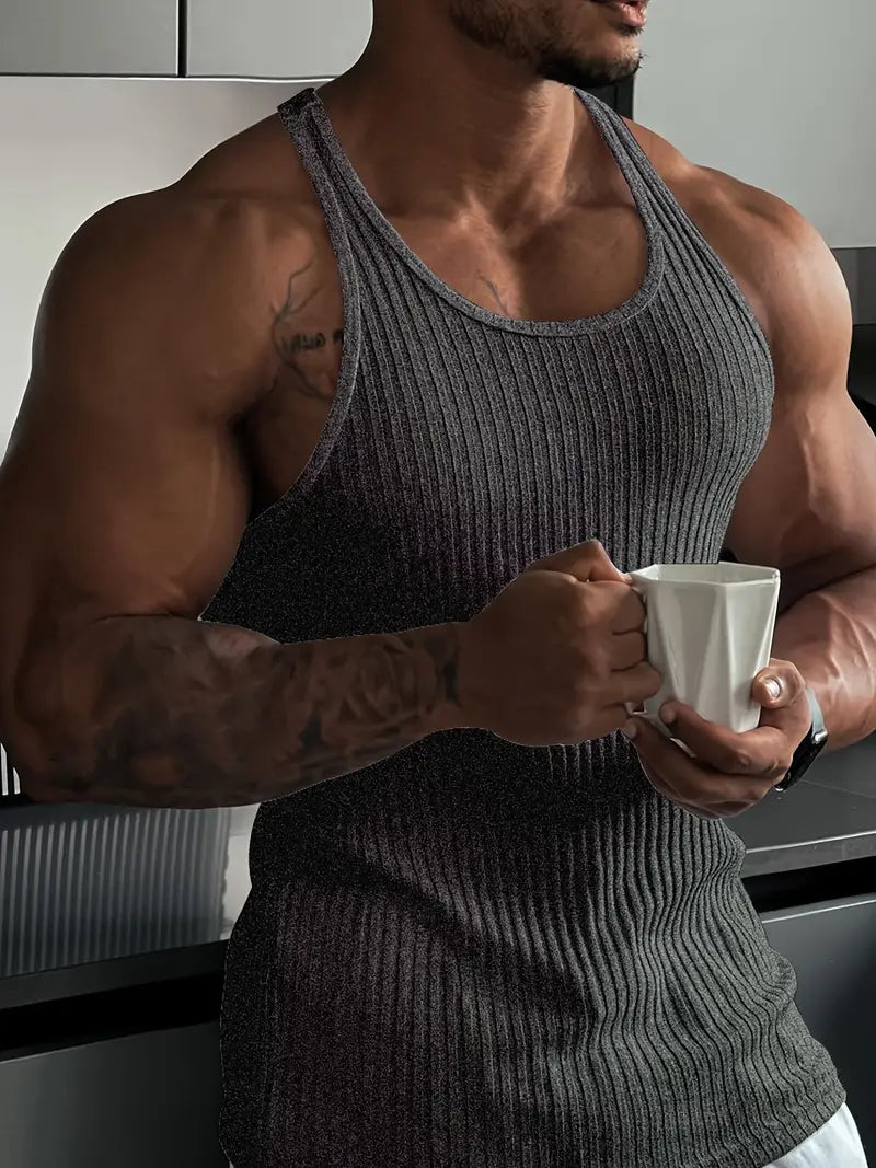 Sleek men's athletic body fit tank top with sleeveless design, perfect for workouts and casual wear, highlighting performance.
