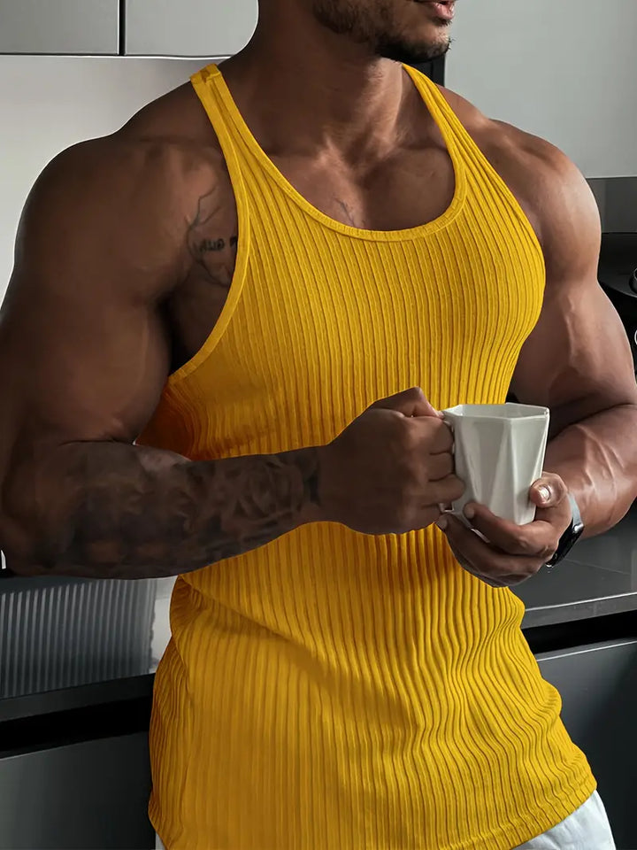 Sleek men's athletic body fit tank top with sleeveless design, perfect for workouts and casual wear, highlighting performance.