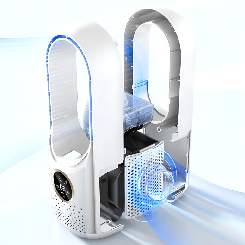 Efficient mini air cooler, bladeless and silent, ideal for personal cooling in home, office, or bedroom.