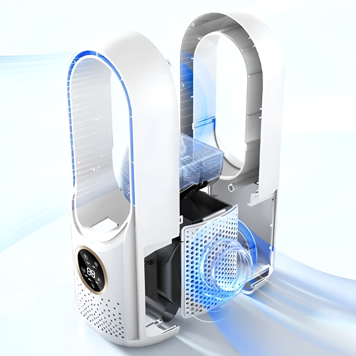 Efficient mini air cooler, bladeless and silent, ideal for personal cooling in home, office, or bedroom.