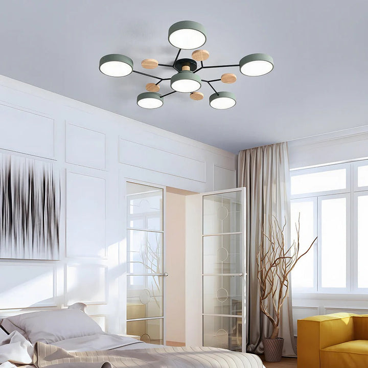 "Sleek modern halo LED semi-flush ceiling light, iron and acrylic build, perfect for contemporary living rooms or bedrooms."