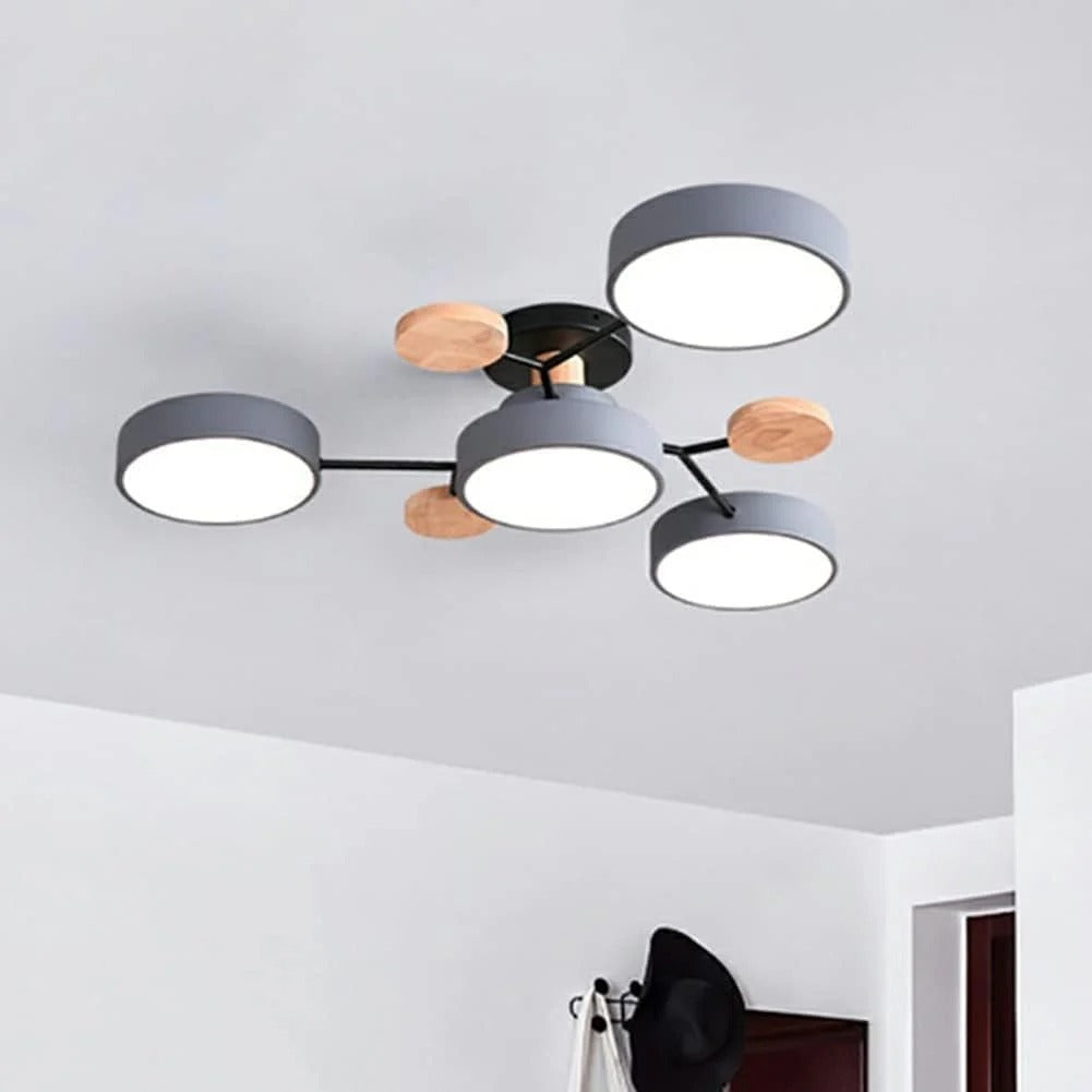 "Sleek modern halo LED semi-flush ceiling light, iron and acrylic build, perfect for contemporary living rooms or bedrooms."
