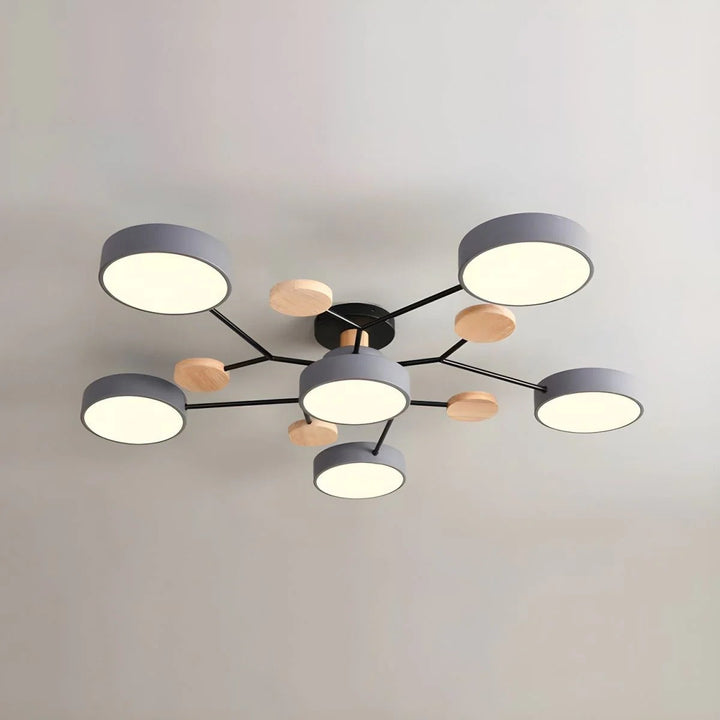 "Sleek modern halo LED semi-flush ceiling light, iron and acrylic build, perfect for contemporary living rooms or bedrooms."