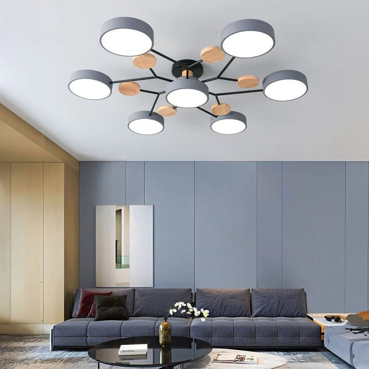"Sleek modern halo LED semi-flush ceiling light, iron and acrylic build, perfect for contemporary living rooms or bedrooms."