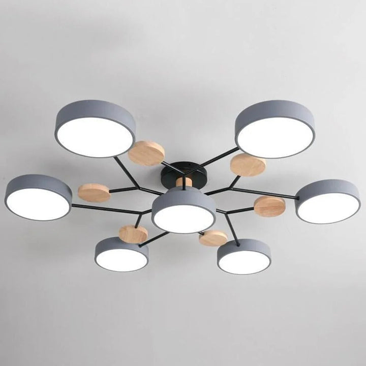"Sleek modern halo LED semi-flush ceiling light, iron and acrylic build, perfect for contemporary living rooms or bedrooms."