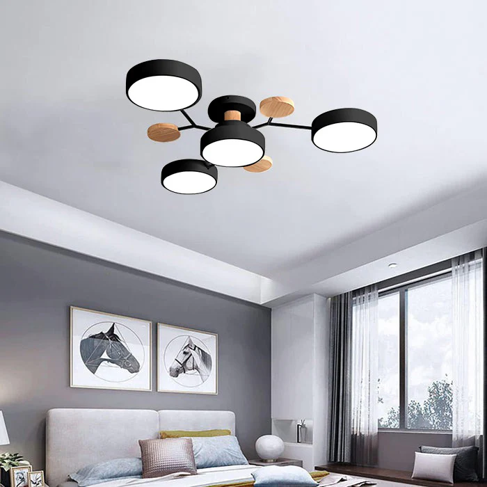 "Sleek modern halo LED semi-flush ceiling light, iron and acrylic build, perfect for contemporary living rooms or bedrooms."