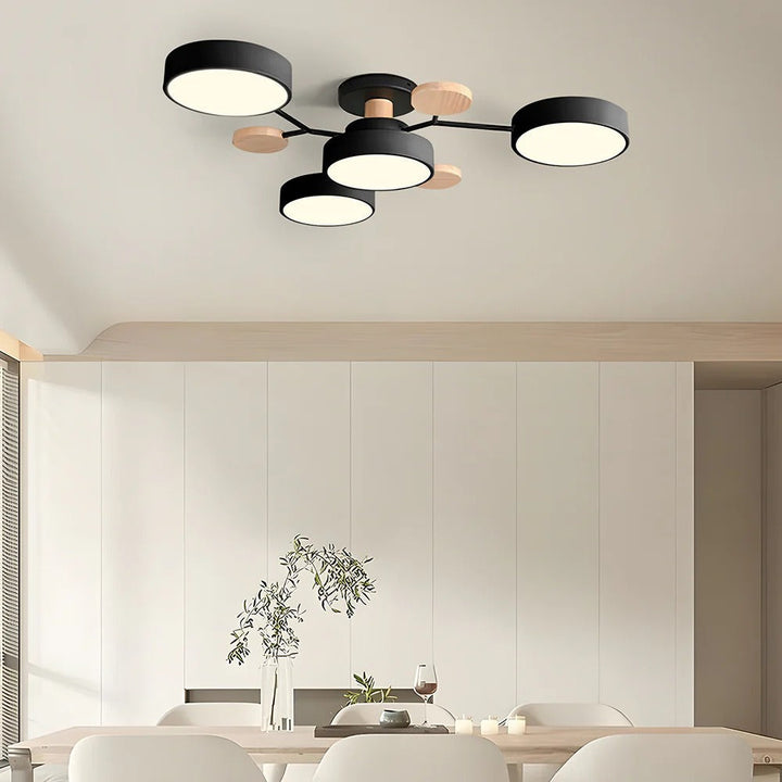 "Sleek modern halo LED semi-flush ceiling light, iron and acrylic build, perfect for contemporary living rooms or bedrooms."