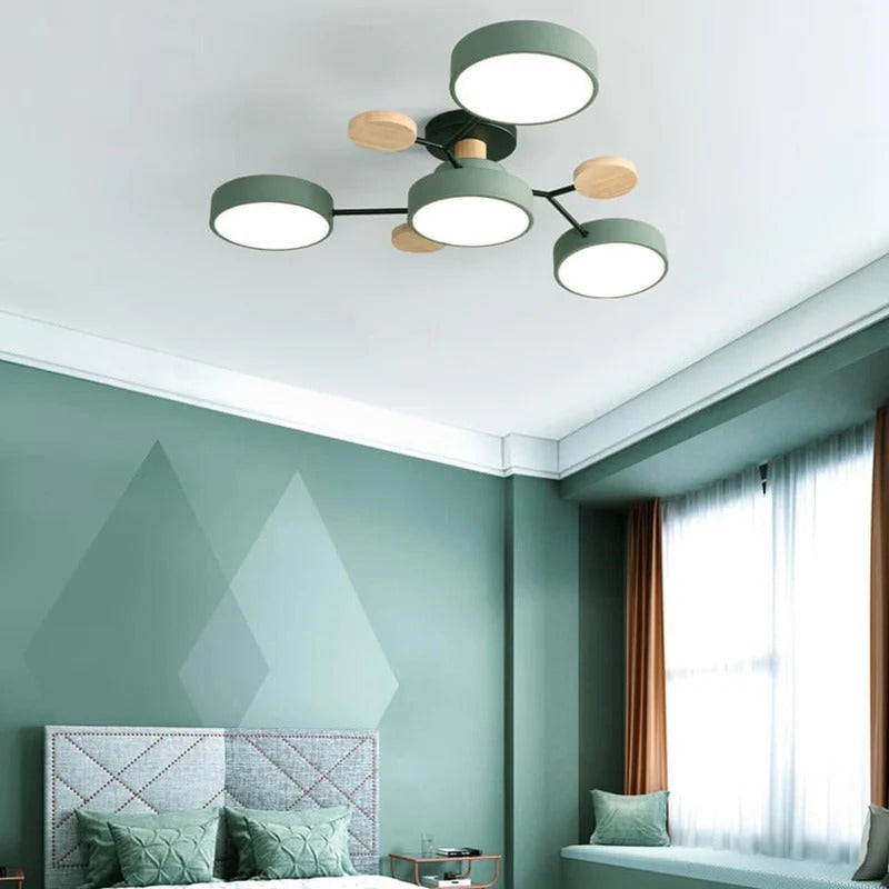 "Sleek modern halo LED semi-flush ceiling light, iron and acrylic build, perfect for contemporary living rooms or bedrooms."