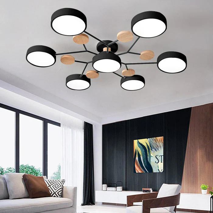 "Sleek modern halo LED semi-flush ceiling light, iron and acrylic build, perfect for contemporary living rooms or bedrooms."