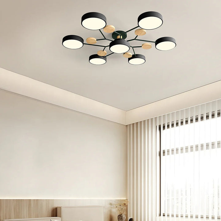 "Sleek modern halo LED semi-flush ceiling light, iron and acrylic build, perfect for contemporary living rooms or bedrooms."
