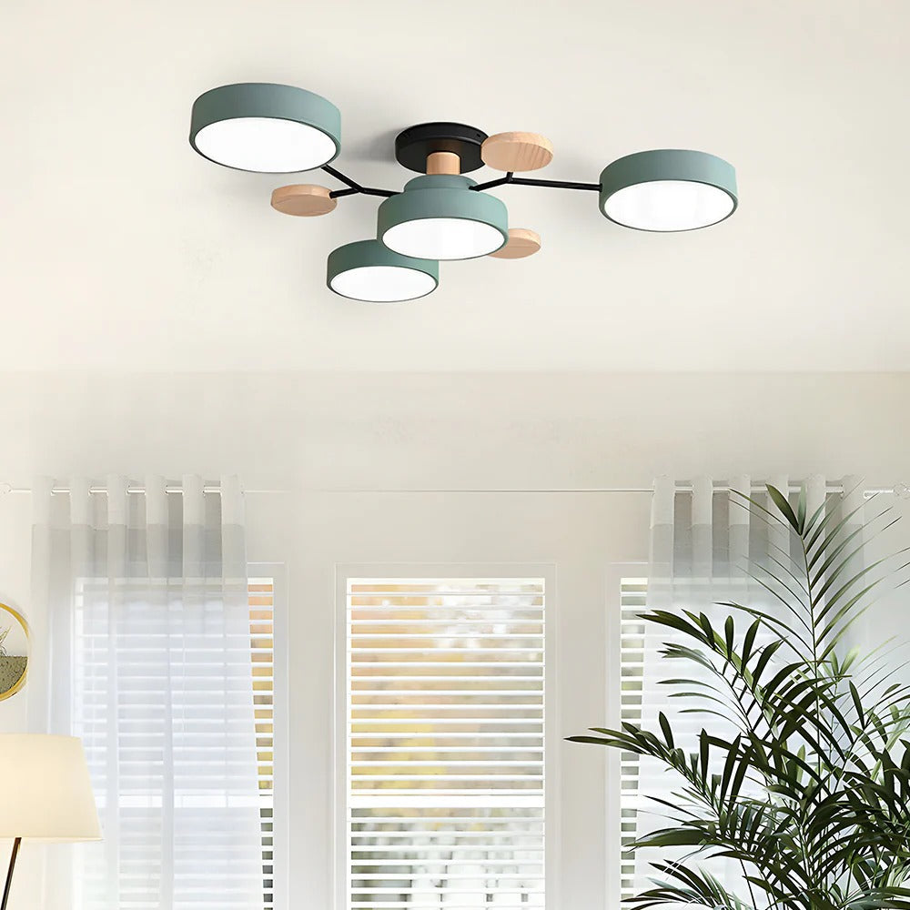 "Sleek modern halo LED semi-flush ceiling light, iron and acrylic build, perfect for contemporary living rooms or bedrooms."
