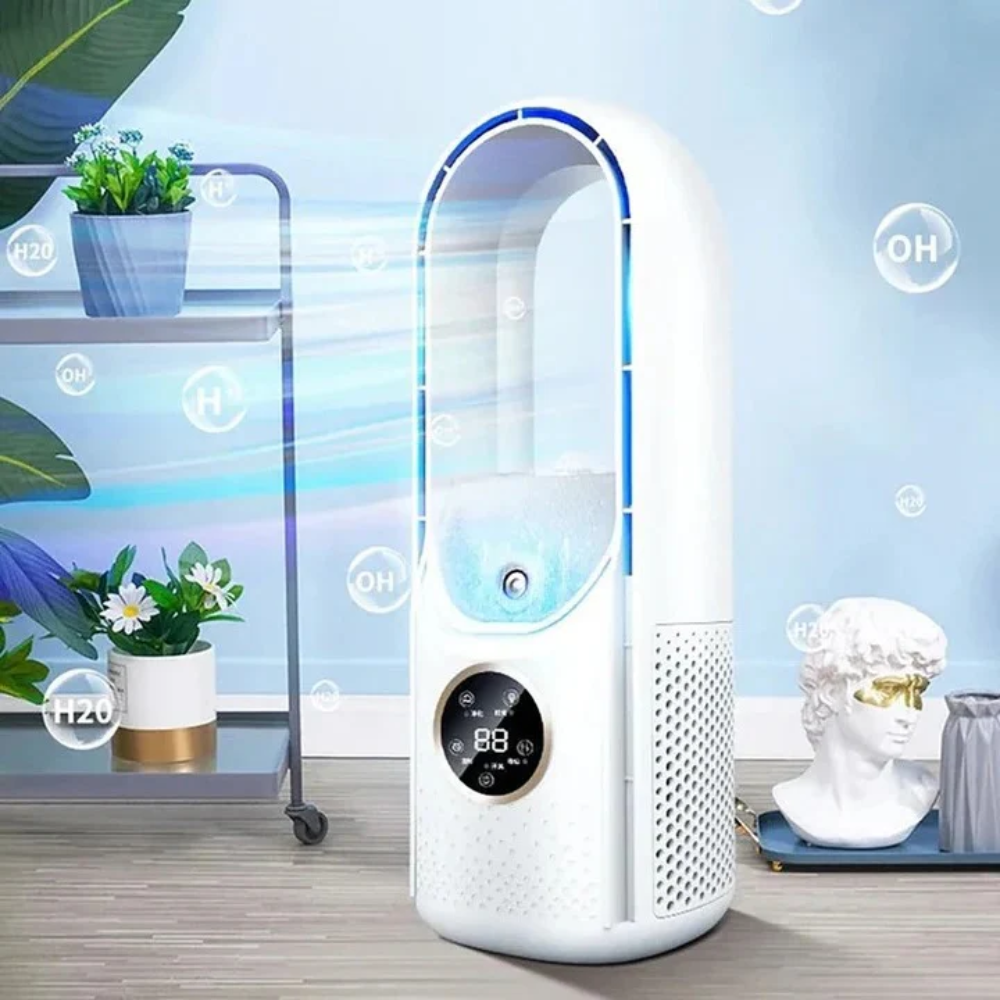 Sleek portable bladeless air conditioner for quiet personal cooling. Compact design for home or office comfort.