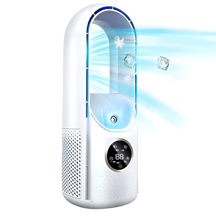 Person enjoying quiet personal cooling from a compact portable bladeless air conditioner on a desk.