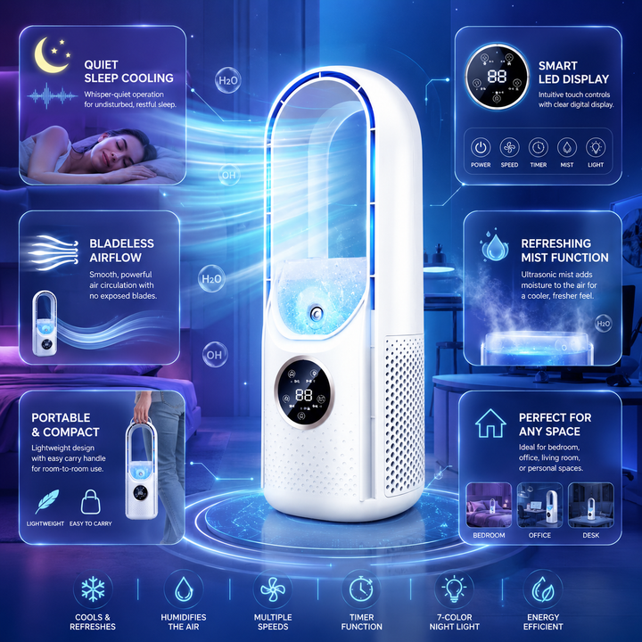 Modern portable bladeless air conditioner providing quiet personal cooling in a stylish office environment.