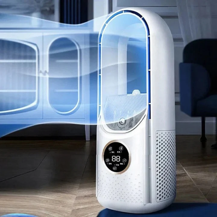 Ultra-compact portable bladeless air conditioner, perfect for small spaces, desks, or personal use.