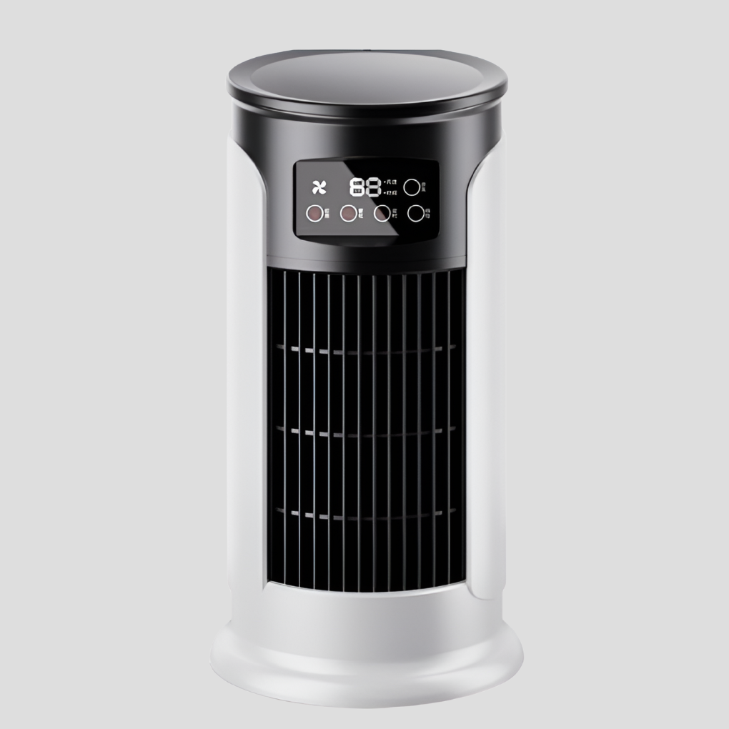 Sleek portable bladeless tower fan for home and office, providing quiet, efficient air circulation and cooling.