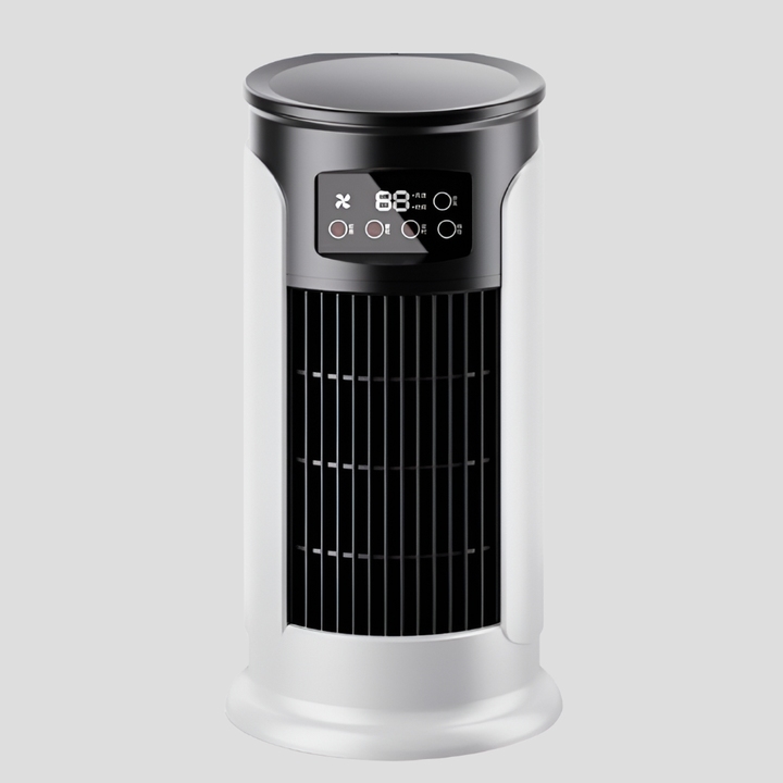 Sleek portable bladeless tower fan for home and office, providing quiet, efficient air circulation and cooling.