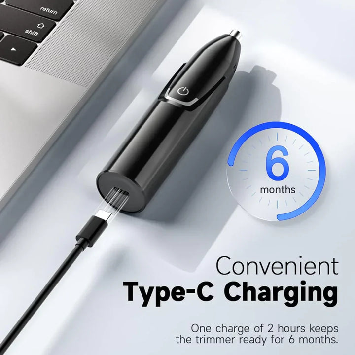 "Sleek rechargeable nose & ear trimmer for men, ergonomic design, powerful motor, dual-edge, cordless, travel-ready."