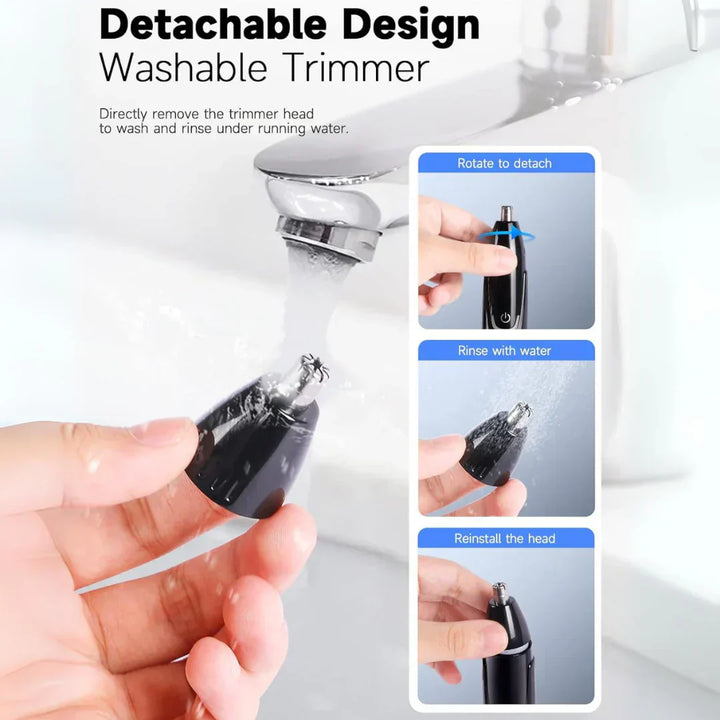 "Sleek rechargeable nose & ear trimmer for men, ergonomic design, powerful motor, dual-edge, cordless, travel-ready."
