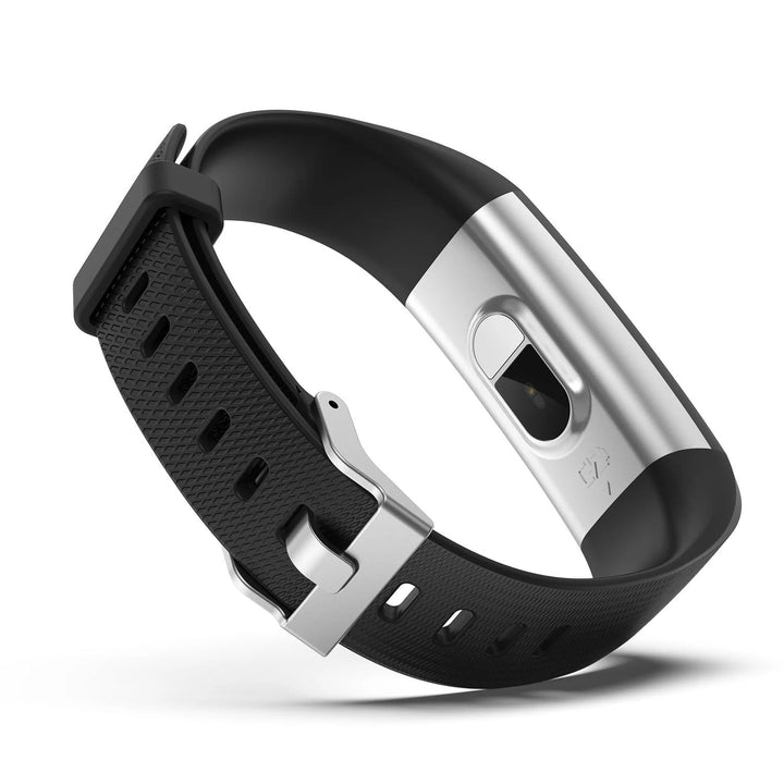 "Sleek smartwatch with optical sensors for heart rate, blood pressure tracking, black strap, rectangular touchscreen display.