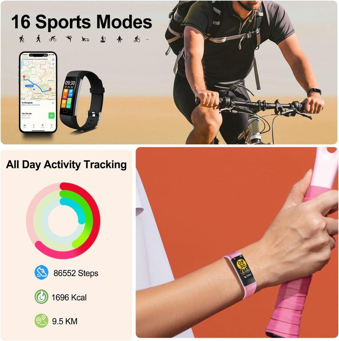 "Sleek smartwatch with optical sensors for heart rate, blood pressure tracking, black strap, rectangular touchscreen display.