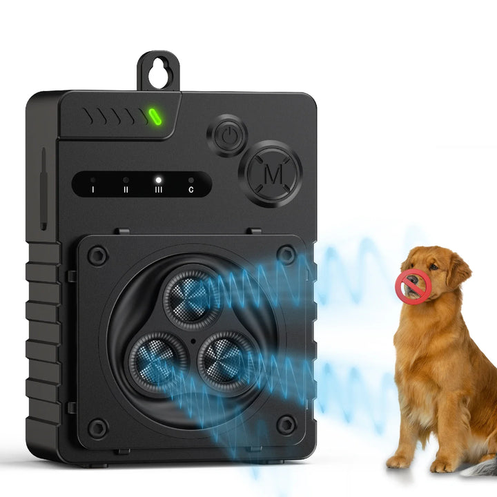 Sleek ultrasonic dog bark deterrent for indoor/outdoor use, compact design, weatherproof, ideal for pet training.