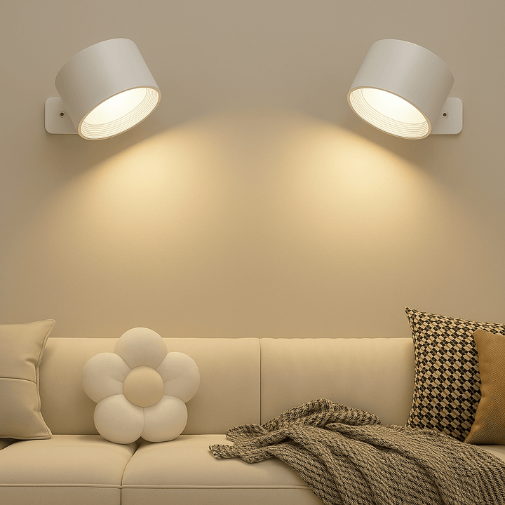 "Sleek wireless rechargeable wall light with magnetic mount and 360° rotation for modern home interiors."