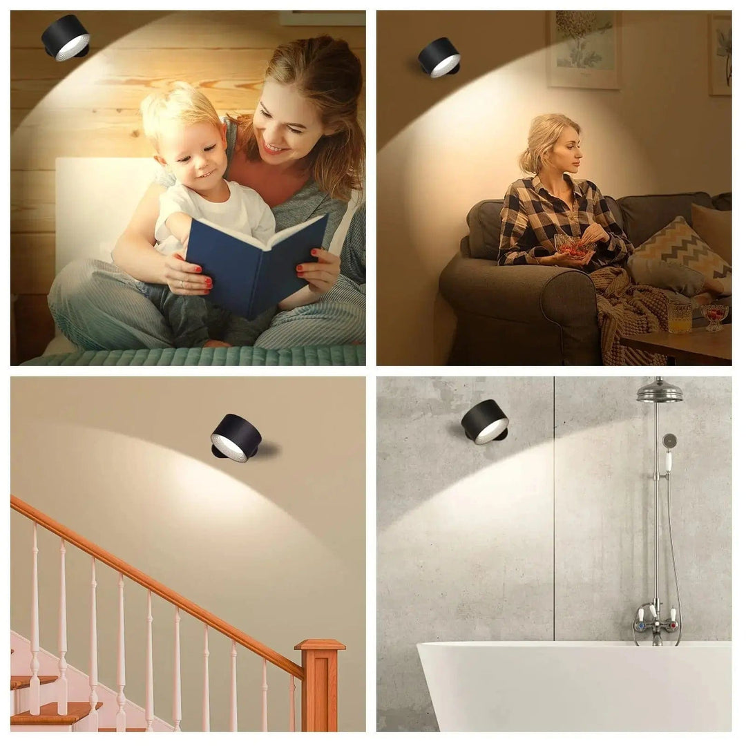"Sleek wireless rechargeable wall light with magnetic mount and 360° rotation for modern home interiors."