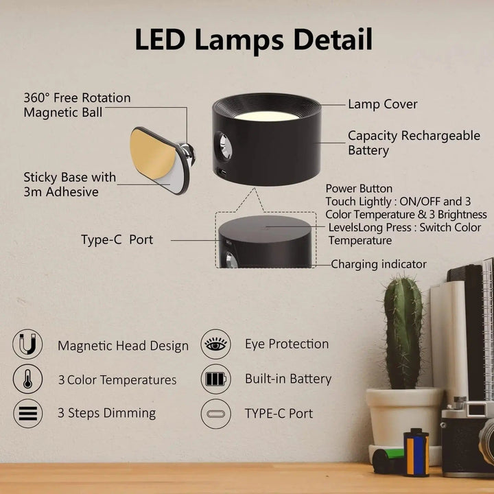"Sleek wireless rechargeable wall light with magnetic mount and 360° rotation for modern home interiors."