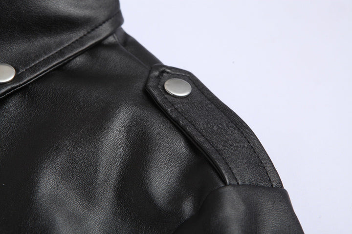 Men's black slim fit motorcycle jacket with stand-up collar, durable and stylish outerwear for modern casual look.