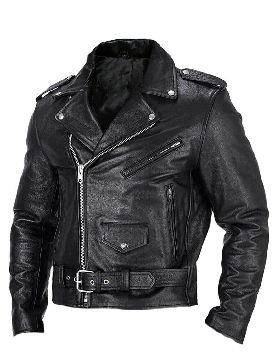 Modern men's slim fit motorcycle jacket with stand-up collar, all-season durable black outerwear for fashion.