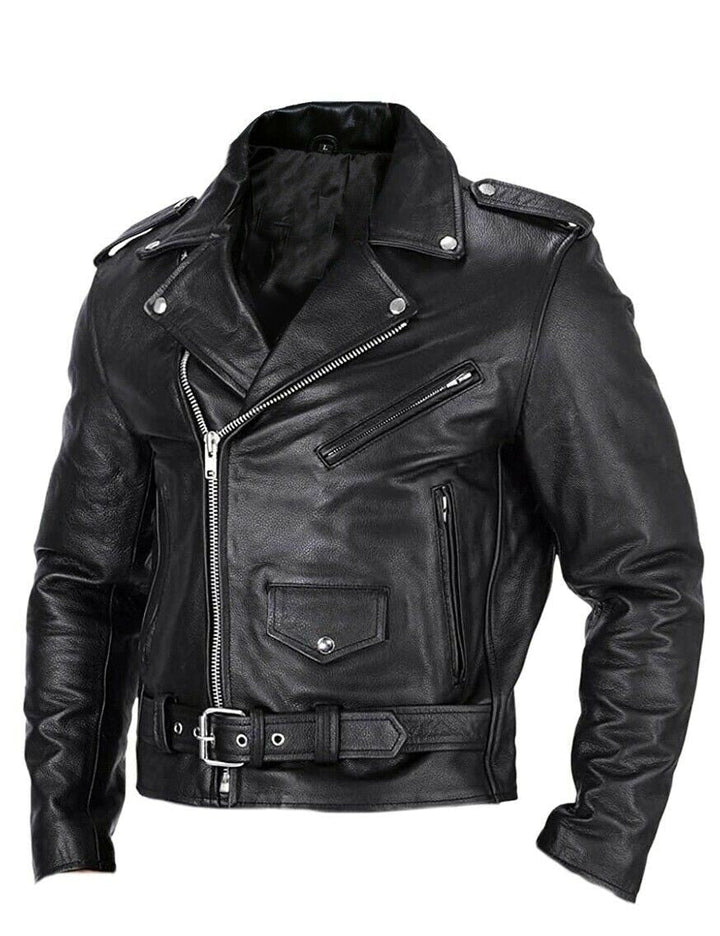 Modern men's slim fit motorcycle jacket with stand-up collar, all-season durable black outerwear for fashion.