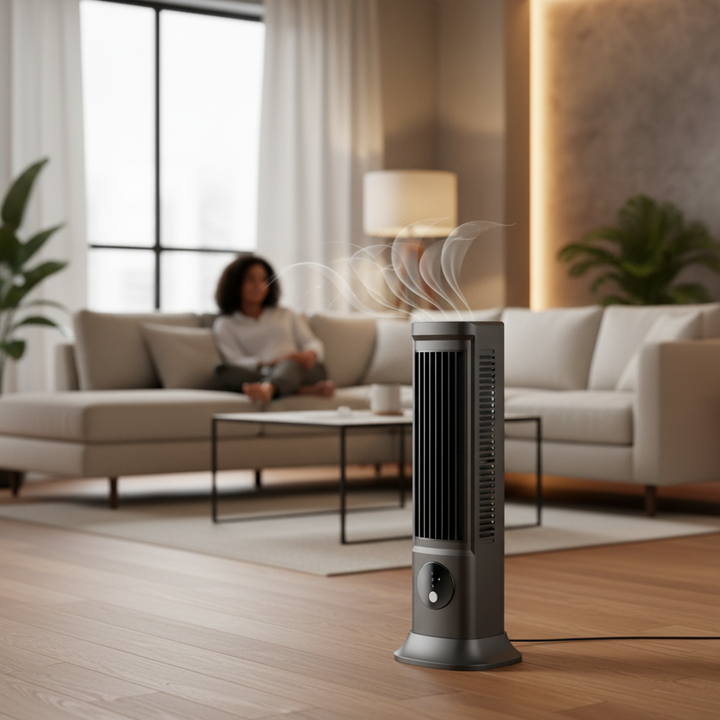 Slim oscillating tower fan with remote control for home and office cooling. Portable & quiet design.