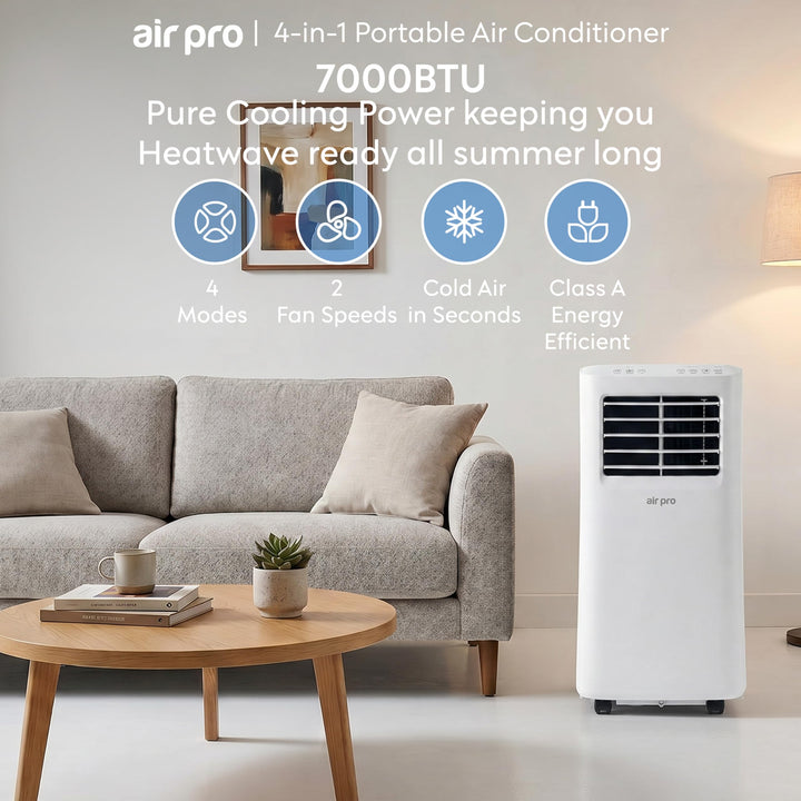 Multi-functional 4-in-1 portable AC unit with cooling, fan, dehumidifier & smart WiFi control.