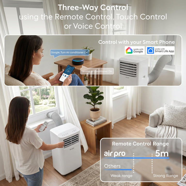 Sleek portable air conditioner cooling a living room, offering WiFi-controlled comfort.