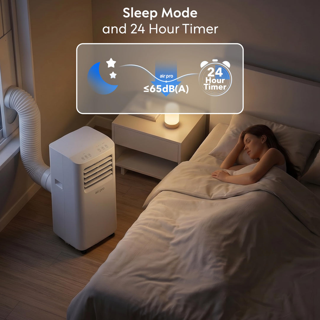 Compact, modern portable AC unit, fits small spaces, provides powerful cooling & dehumidifying.