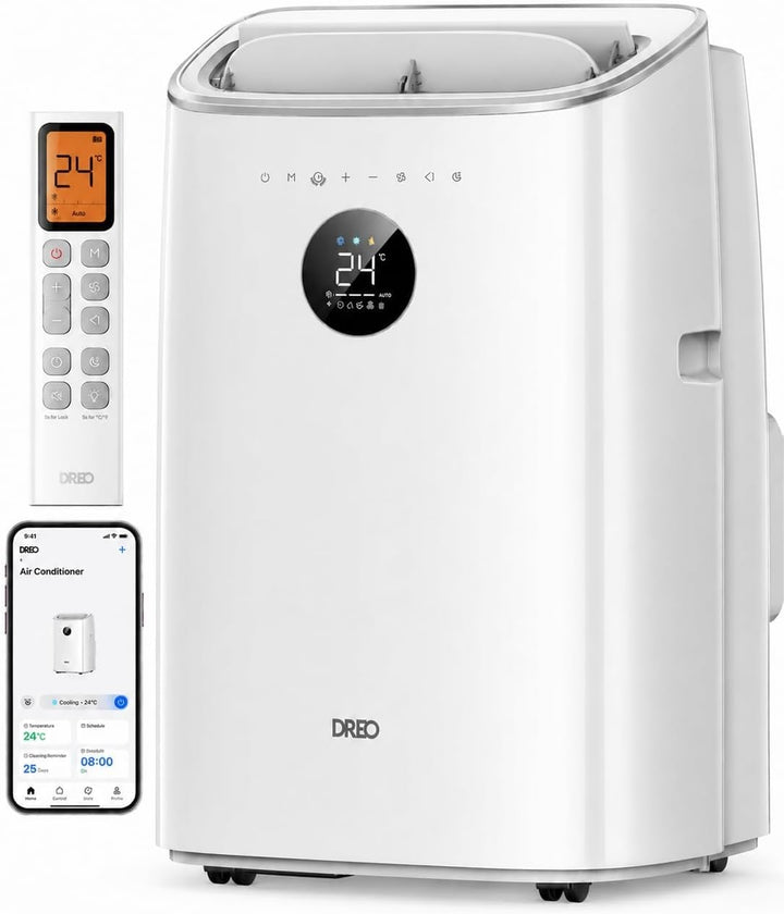 Smart portable air conditioner with wheels, easily moved. Integrates with smart home for convenient cooling.