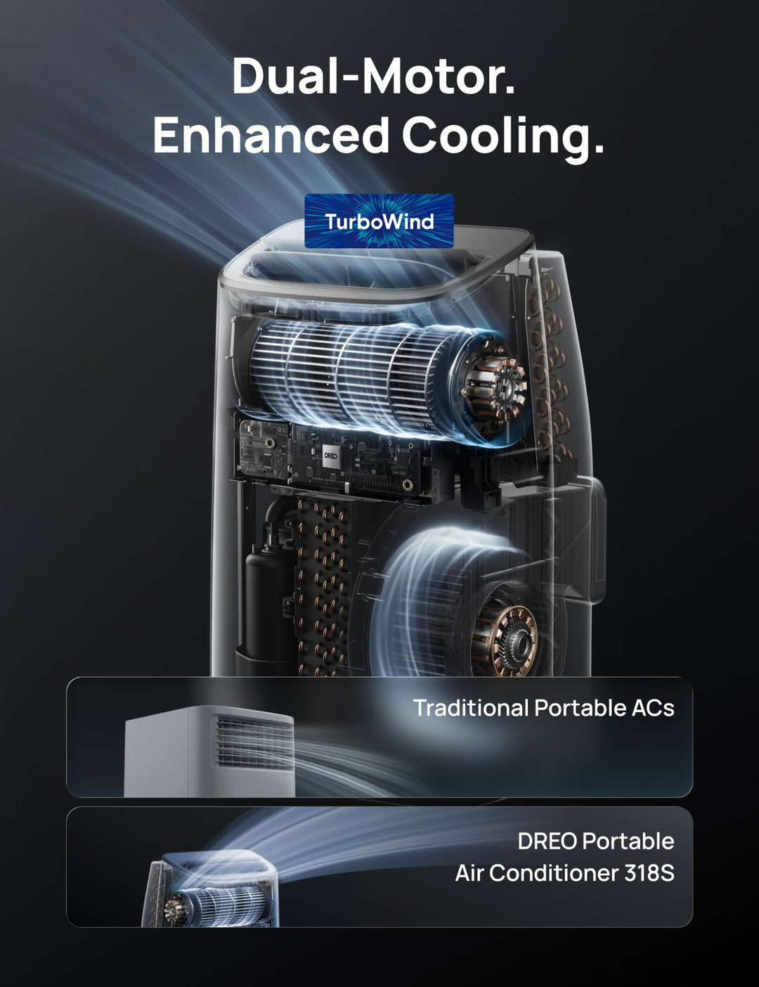 Sleek, modern smart portable air conditioner in a living room, providing efficient climate control & personal cooling.