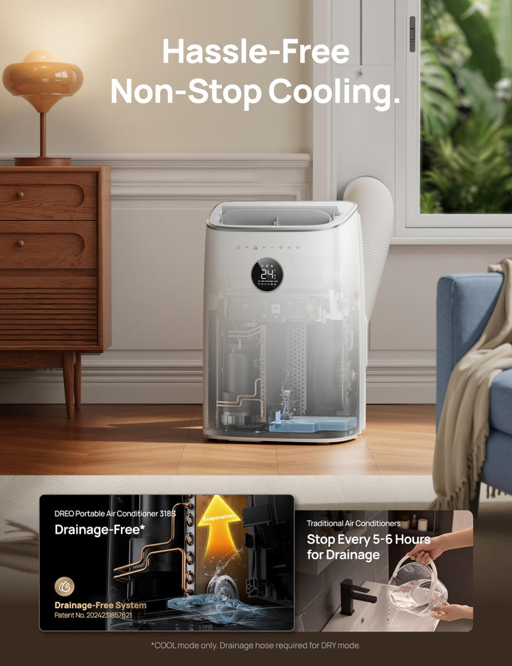 Close-up of smart portable air conditioner's digital display control panel, showing settings for cooling & dehumidifying.