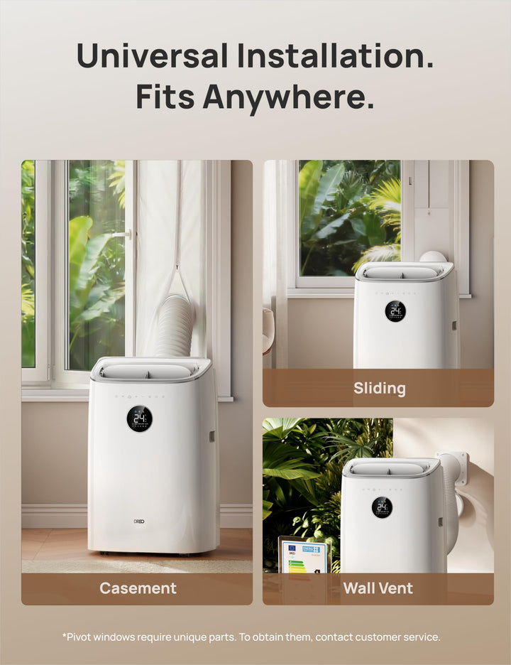 Smart portable air conditioner with window exhaust kit, providing powerful cooling & dehumidification for any room.